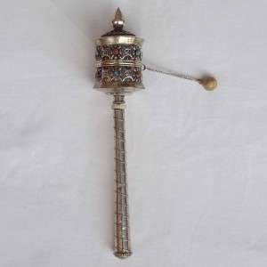 Tibetan Buddhist white metal PRAYER WHEEL, Size 21cm  