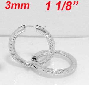 Thick Diamond Cut Hoop Earrings 14K White Gold 3mm  