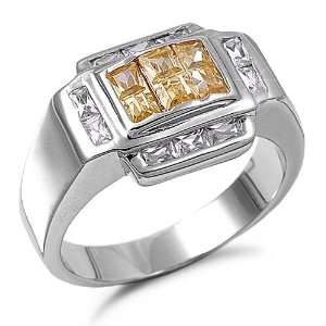  Sterling Silver Princess Cut Yellow CZ Ring Sizes 9 to 14 
