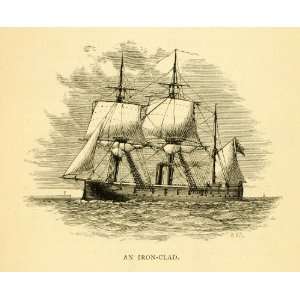 1878 Wood Engraving Iron Clad Sailing Sailboat Ocean Mast Warship 