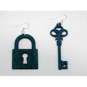  Teal Lock And Key Wooden Earrings: GTJ: Jewelry