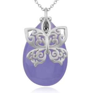 Rhodium Plated Sterling Silver Purple Quartzite Butterfly Pendant, 18