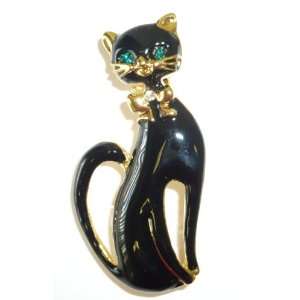  Black Enamel Sitting Cat with Green Eyes Pin: Jewelry