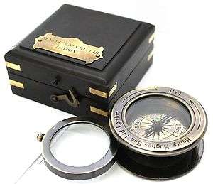 Brass Compass with attached Magnifying Glass & Hard Wood Case  