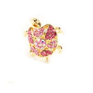 Elegant Gold Turtle Lucky Ring Gemmed with   Pink   Swarovski Crystals 