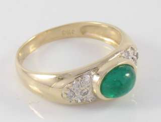 14k Gold Bezel Cabochon Emerald and Diamond Ladies Ring  