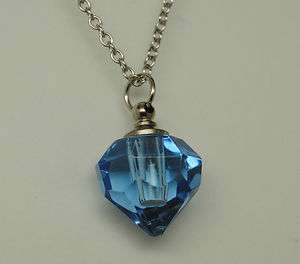 CRYSTAL BLUE GLASS FACETED PRISM CREMATION URN NECKLACE ROLO CHAIN 