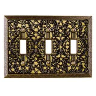 Amerelle 3 Gang Filigree Antique Brass Triple Toggle Wall Plate 