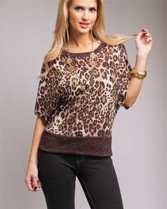 Womens top knit cheetah metallic dolman sleeve S M L Hacci light 