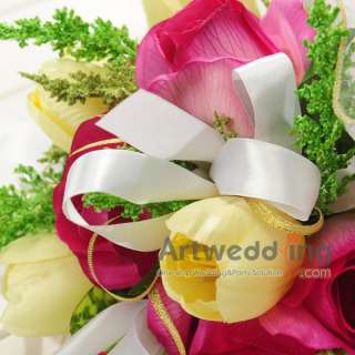 Organza Wrap Silk Tulip and Rose Bridal Bouquet Wedding Flower White 