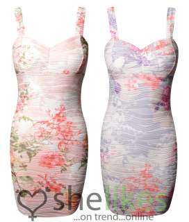 New Womens Floral Flower Print Strappy Wave Pleated Ruched Bodycon 