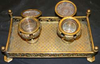 ANTIQUE 1880 BRASS DOUBLE INKWELL STAND SCROLL GALLERY  