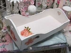 SHABBY WOODEN DOLL CRADLE with ROSE APPLIQUES~Cottage~Chic~Country 