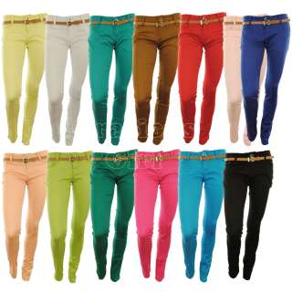   New Womens Super Skinny Coloured Cotton Belted Ladies Jeans Trousers