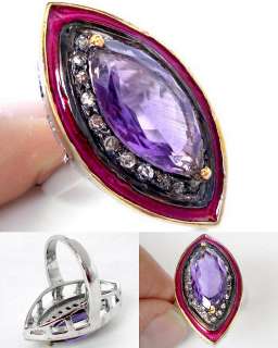 ORCHID PURPLE AMETHYST MARQUISE DIAMOND GOLD .925 SILVER VINTAGE RING 