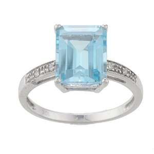   White Gold Emerald Cut Blue Topaz and Diamond Ring   size 7 Jewelry