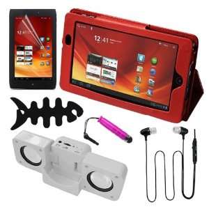 Skque Red Leather Case + Clear Screen Protector + Mini Folding Speaker 