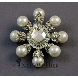 Wedding Brooch Pin Pendant Vintage Faux Pearl Swarovski Crystal Silver 