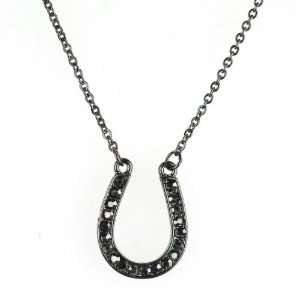  Lucky Horse Shoe Pendant Charm Necklace   Black and Tones 