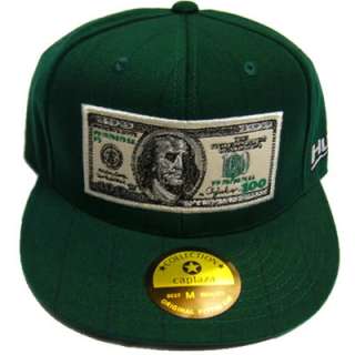 NEW HUSTLA HIPHOP FITTED CAP FLAT BILL 100 DOLLAR GREEN  