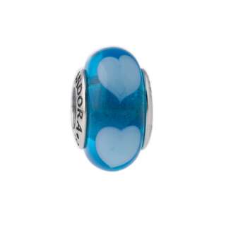   Pandora Sterling Silver Blue Hearts Murano Glass Charm 790657  