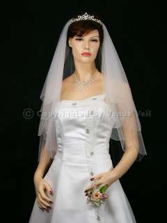   White Elbow Scalloped Silver AB Beaded Edge Bridal Wedding Veil  