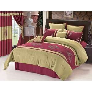   Burgundy and Khaki Embroidered Comforter Bedding Set