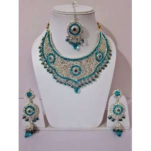 : Blue Topaz and Clear Crystal Necklace Set Latest Costume Bollywood 