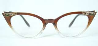   Womens Cat Eye Dual Brown Clear Frame Clear Lens Glasses Rhinestones