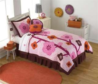FLOWERS FOR HANNA PINK BROWN GIRL 5PC TWIN QUILT SET  