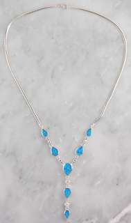 Sterling Silver Blue Opal & CZ Stone Tear Drop Necklace  