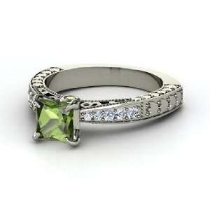 Megan Ring, Princess Green Tourmaline 14K White Gold Ring with Diamond 