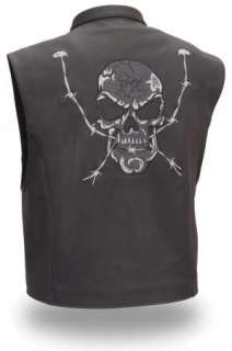 Mens Black Leather Reflective Skull Motorcycle Vest  