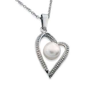    Stainless Steel White Faux Pearl Open Heart Necklace Jewelry