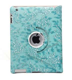 iPad 2 Leather Smart Case Cover W/ Stand Blue Embossed Flowers  