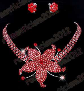 Free Red flower choker necklace earring set rhinestone  