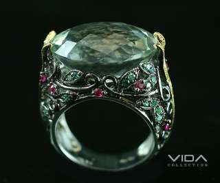 14K Gold Green Apatite Sapphire Ruby & Tsavorite Ring  