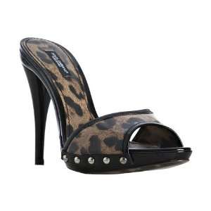 Dolce & Gabbana black trim leopard peep toe slides