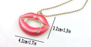 Rhinestone Pink Lip Vampire Fangs Teeth Necklace #RAM  