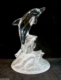 MURANO CLEAR & FROSTED CRYSTAL ART GLASS LEAPING DOLPHIN FIGURINE 