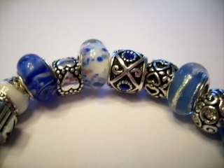 Premier European Style Charm Bracelet Blue white Murano Beads Stones 