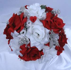 21pc Round Bridal Bouquet wedding flowers RED/ SILVER  