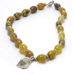Yellow Orange Agate Necklace with Silver Conch Shell & FREE Matching 