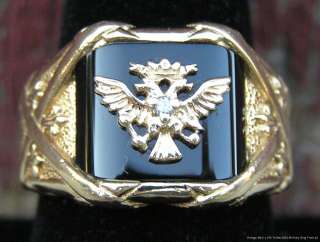Vintage Mens 14k Yellow Gold Diamond Ring Double Headed Eagle w Navy 