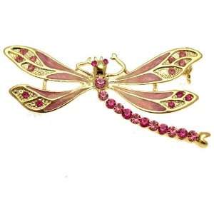   Acosta   Pink Enamel & Crystal   Gold Tone Dragonfly Brooch Jewelry