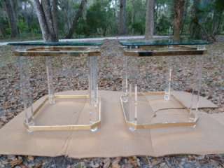   Hollywood Regency Brass and Lucite End Tables Thick Glass Tops  
