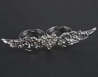   Wing Inlay Rhinestone Heart Two Finger Adjustable Ring r466  