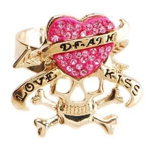  Gold Tone Pink Crystal Heart Skull Stretch Ring Jewelry