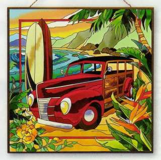 Beautiful Island Surf scene with an antique woody car, surfboard