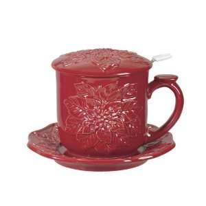   Covered Tea Mug Cup Plate Strainer Red Poinsettia 